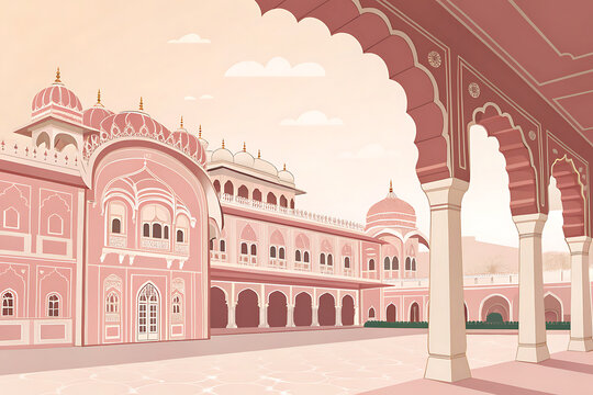 City Palace Jaipur, modern minimal vector style, elegant arches, pastel pink and cream palette, clean minimal details.
