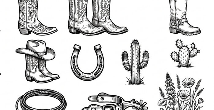 cowboy, boots, western, ranch, rodeo, hat, silhouette, leather, country, cactus, horseshoe, spur, lasso, desert, vintage, rustic, handdrawn, lineart, boot, texas, vector, illustration, isolated, bundl