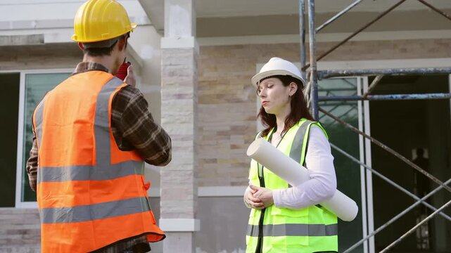 Construction manager and architect discussing building plans and using walkie talkie at a residential construction site