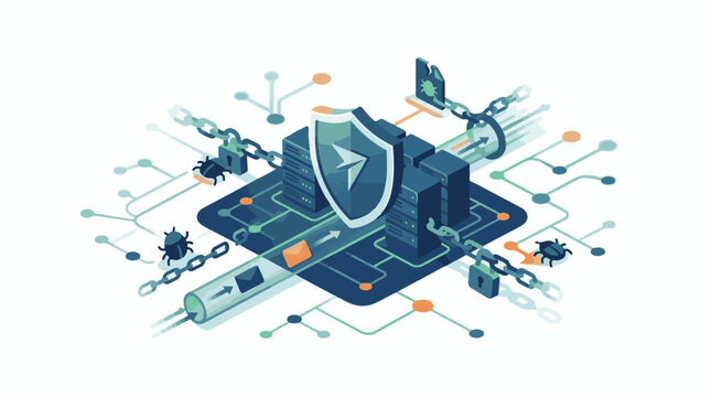 An isometric illustration of a shield over server with security symbols