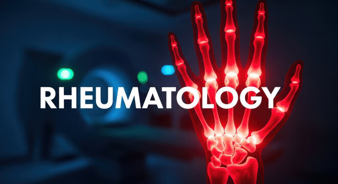 Rheumatology arthritis hand pain inflammation joint disease medical concept with glowing red bones and MRI scanner background for health care