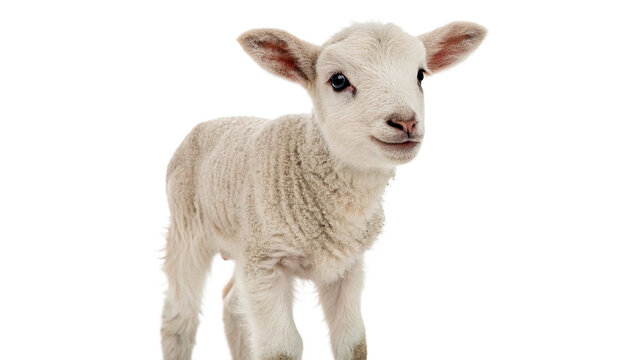 Small domestic lamb baby sheep standing fluffy white agriculture livestock isolated on transparent background cut out