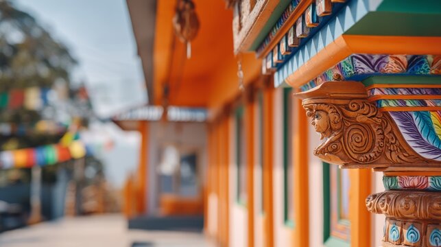 Ornate Newari Wooden Carved Strut with Vivid Colors at the Temple