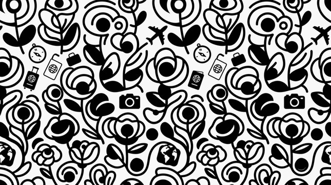 Seamless travel themed pattern with stylized flowers and vacation icons.