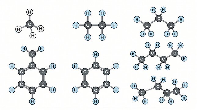 Various chemical structures of common hydrocarbon molecules appear on a plain white background