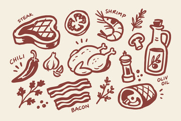 Fototapeta na wymiar Meat and Cooking Ingredients Set Naive Doodle Vector Illustration