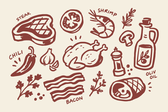 Meat and Cooking Ingredients Set Naive Doodle Vector Illustration