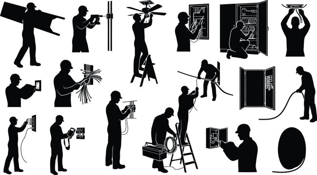 Electricians at work silhouette collection depicting various electrical jobs and maintenance on a white background