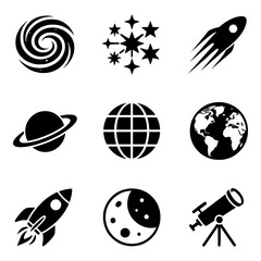 Premium Space & Astronomy icon collection featuring the most popular cosmic symbols including galaxies, planets, rockets, telescopes, and celestial objects. Perfect for STEM education, science project © puntip_a