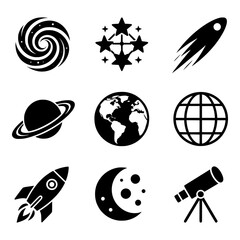 Premium Space & Astronomy icon collection featuring the most popular cosmic symbols including galaxies, planets, rockets, telescopes, and celestial objects. Perfect for STEM education, science project © puntip_a