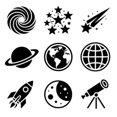 Premium Space & Astronomy icon collection featuring the most popular cosmic symbols including galaxies, planets, rockets, telescopes, and celestial objects. Perfect for STEM education, science project © puntip_a