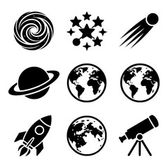 Premium Space & Astronomy icon collection featuring the most popular cosmic symbols including galaxies, planets, rockets, telescopes, and celestial objects. Perfect for STEM education, science project © puntip_a
