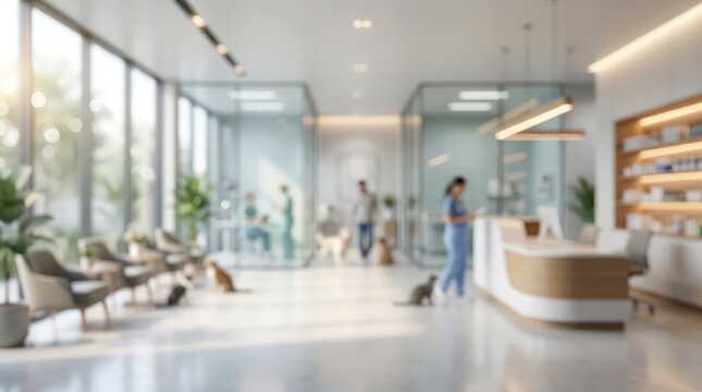 blurred modern veterinary clinic interior featuring reception desk, lounge seating, medical staff, and domestic pets in bright lobby