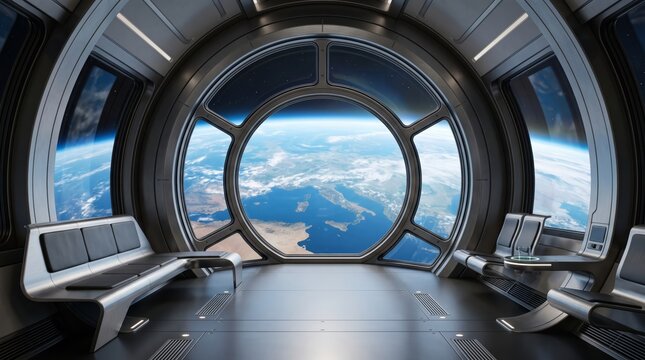 Futuristic spaceship interior with large circular window overlooking Earth from orbit