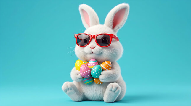 Cute cartoon bunny wearing sunglasses and holding flowers
