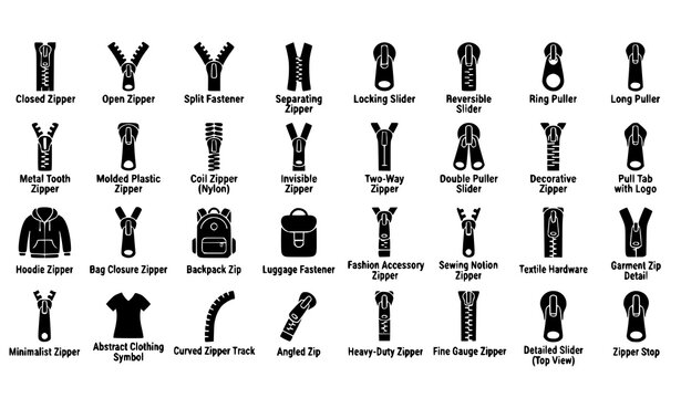 Modern Zipper Black Icon Collection with 32 Open Closed Zip Fastener Vector Symbols