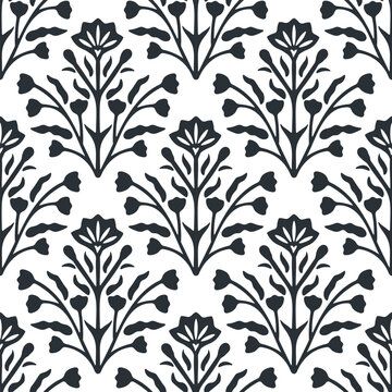 Black and white flowers vector pattern