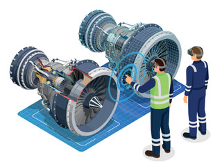 Engineers using vr glasses to inspect airplane jet engine isolated on white background, Vector, illustration © gfxshakib2023