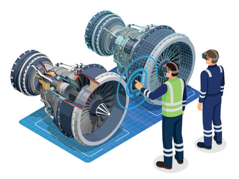 Engineers using vr glasses to inspect airplane jet engine isolated on white background, Vector, illustration