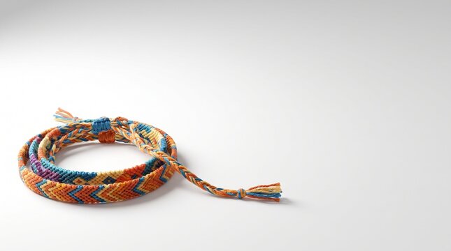 Handmade woven friendship bracelets with colorful geometric patterns isolated on a clean white background with copy space, celebrating friendship day concept.
