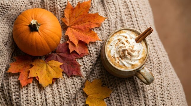 Autumnal still life pumpkin maple leaves and spiced latte on knitted fabric