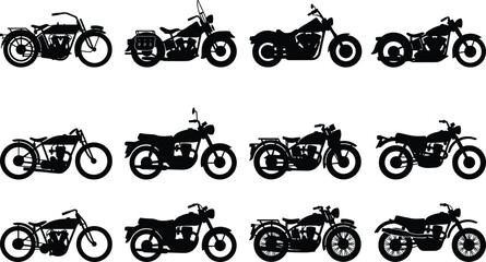 Classic and Cruiser Motorcycle Silhouette Collection with Twelve Vintage Bike Styles Isolated on White © Wajid