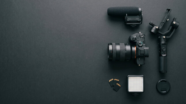 Professional Camera Gear Flat Lay on Dark Background