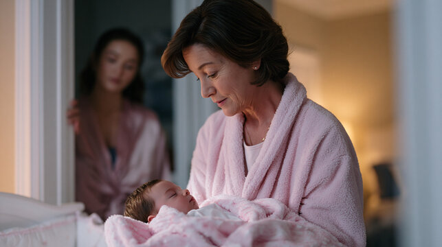 Grandmother lowers a sleeping infant into a crib in a nursery while the exhausted young mother watches from the doorway with one hand on the frame, wearing a bathrobe, her expression a mix of gratit