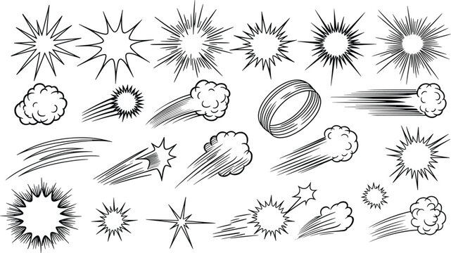Comic book speed effects element set with starburst burst explosion cloud smoke and flash line art