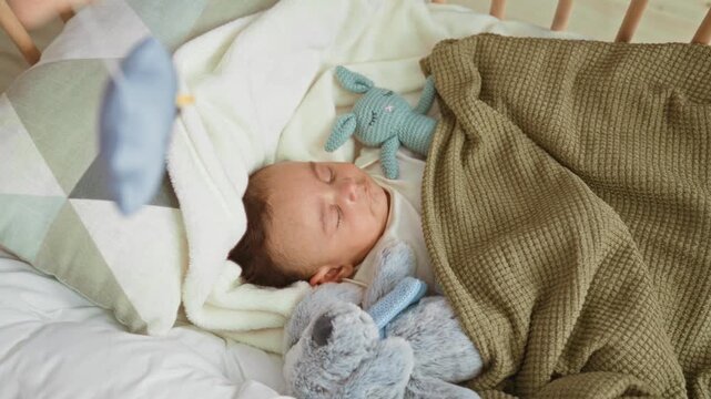 Baby boy sleeping in nursery crib under green waffle blanket with plush bunny and soft pillow, closed eyes and visible ear; serenity.