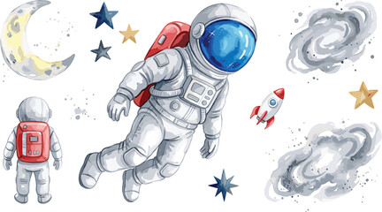 Watercolor Astronaut Space Clip Art Set with Floating Cosmonaut Characters Crescent Moon Miniature Rocket Ship Stars and Cosmic Nebula Clouds © Ajad