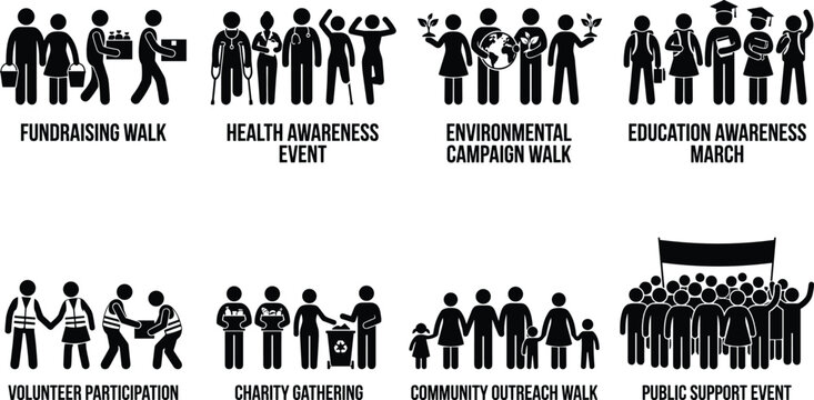 Community Awareness Campaign Silhouette Icons Set for Charity Volunteer Education and Public Support Events