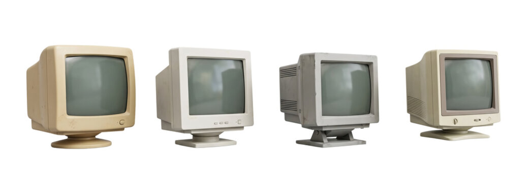 Row of vintage computer monitors on transparent background
