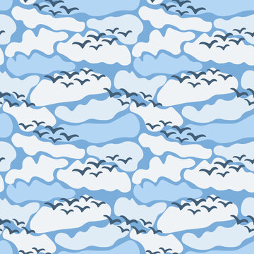 Birds and clouds vector simple pattern