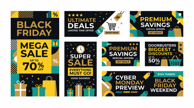 Modern Black Friday mega sale banner collection featuring gold teal ge