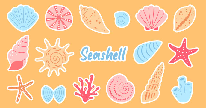 Seashell stickers sheet. Shell, starfish and coral set. Ocean or sea life concept. Vector isolated illustration in flat style.