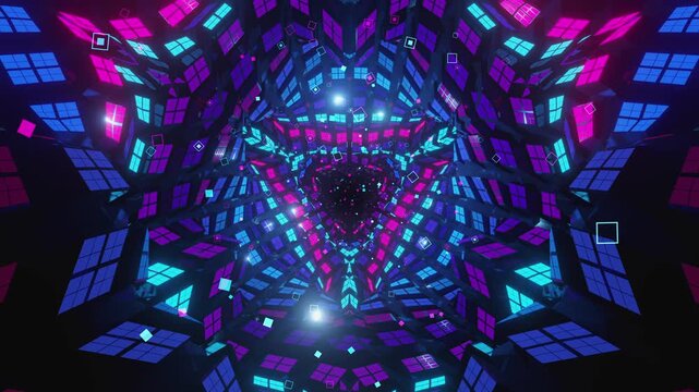 VJ Loop of digital vortex made of triangular lattice segments, aligned square arrays and complex data structures,for electronic music festivals, high-tech club visuals, stage screens and LED video wal