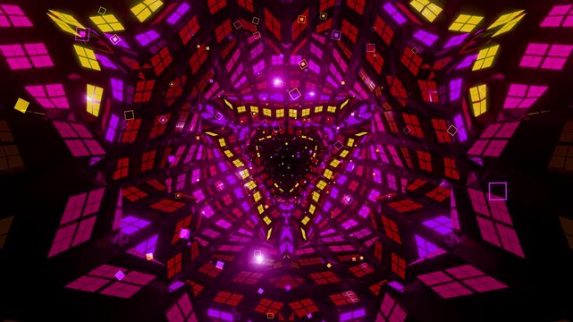 VJ Loop of digital vortex made of triangular lattice segments, aligned square arrays and complex data structures,for electronic music festivals, high-tech club visuals, stage screens and LED video wal