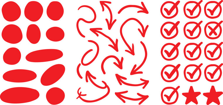 Red hand drawn correction mark set with arrow circle check mark cross and star doodle elementsRed hand drawn correction mark set with arrow circle check mark cross and star doodle elements