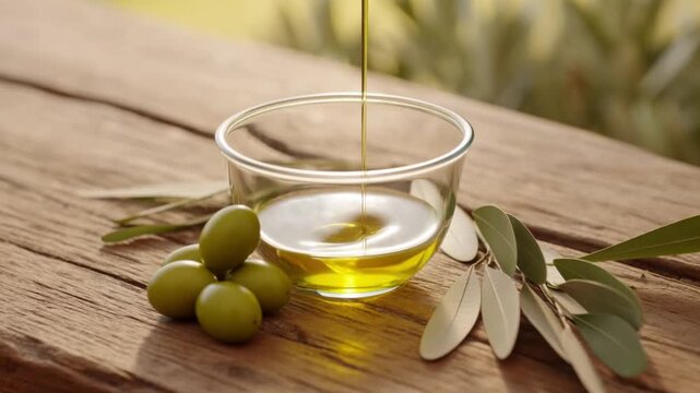 Luxury extra virgin olive oil gently flowing into a small glass bowl beside fresh green olives and olive leaves, warm Mediterranean sunlight, rustic wooden surface, cinematic premium commercial