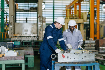 Engineer worker team service injection mold, Professional men work in die casting plant mold service