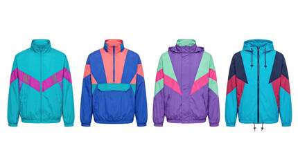 Four retro 80s 90s style windbreaker jackets with color blocking © BTG