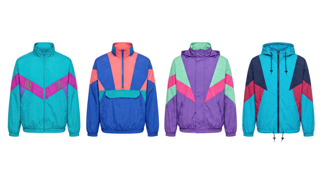 Four retro 80s 90s style windbreaker jackets with color blocking
