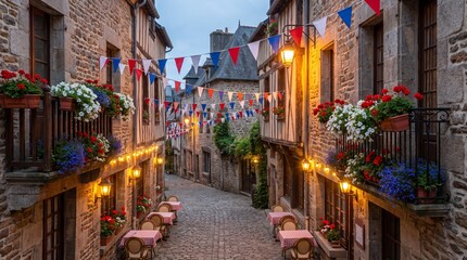 Fototapeta premium Charming old european cobblestone street decorated with festive colorful bunting flags and glowing lanterns illustration