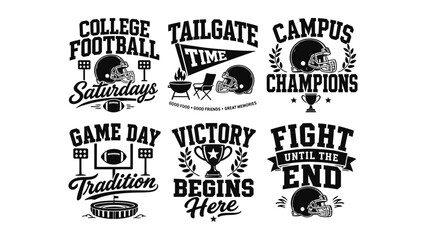 Set of six graphic designs celebrating college football game day traditions and victory © MDRAHMAT