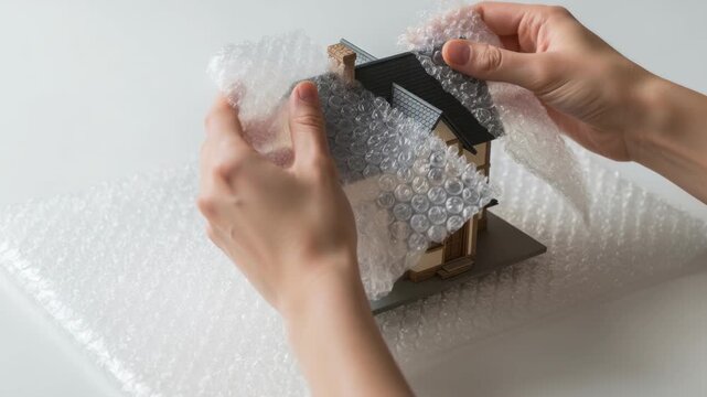 Miniature house wrapped bubble wrap held by hands symbolizing protection and caution housing market bubble during uncertain times real estate asset