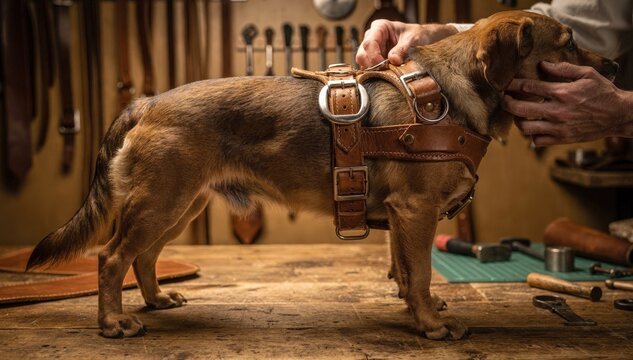 Leather harness fitting on a mediumsized dog focusing on the secure installation of Drings and precise buckle adjustments in a workshop setting.