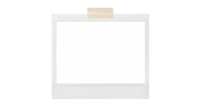 Horizontal white instant photo frame with tape on transparent background