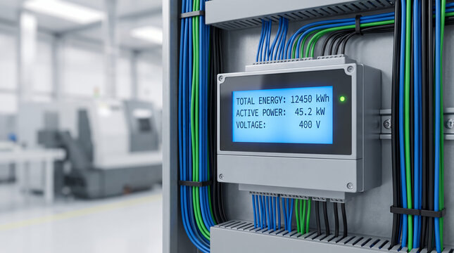 Digital energy monitor displaying power metrics in modern factory  