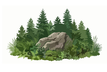 Natural Stone with Fir Trees and Garden Plants Vector Illustration for Landscape Design © Amirul